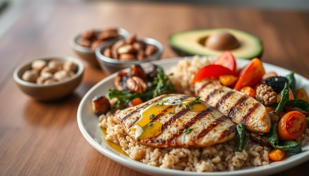 balanced plate with protein, carbs, and fats